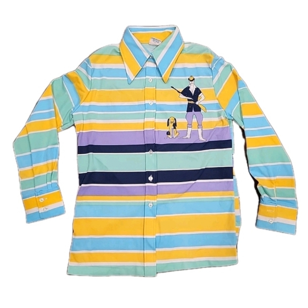 Vintage 1970s Men’s Polyester Striped Shirt Hunter & Dog Hunting Theme